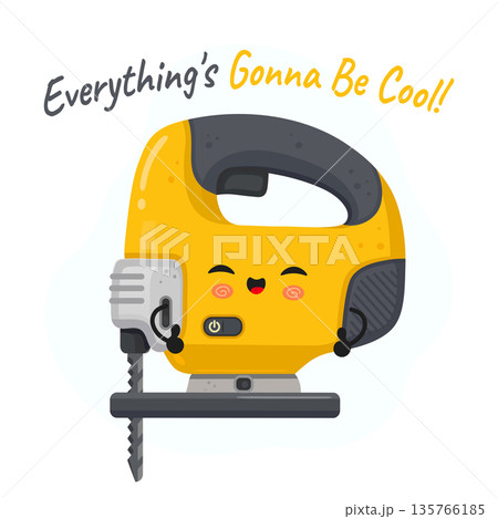 Cute cartoon jigsaw power tool mascot giving optimism quote 135766185