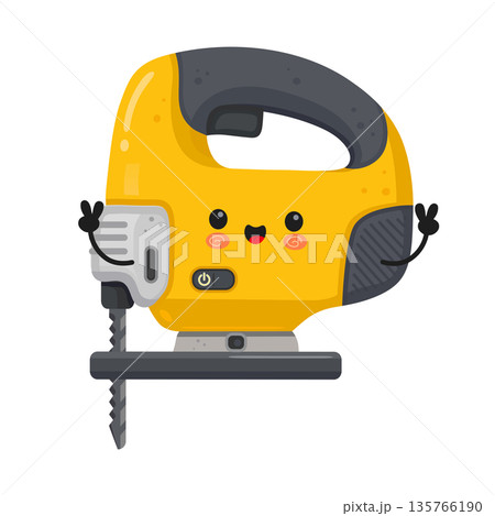 Yellow jigsaw power tool cute cartoon character waving Yellow jigsaw power tool cute cartoon character waving 135766190