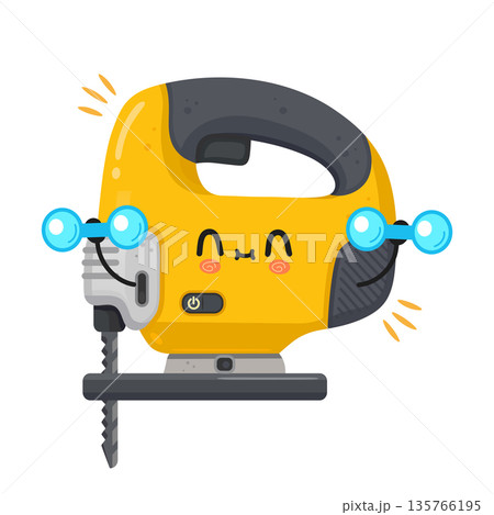 Cute cartoon jigsaw power tool lifting dumbbells Cute cartoon jigsaw power tool lifting dumbbells 135766195