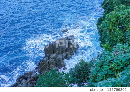 紺碧の海と荒々しい岩肌に打ち寄せる白波と海岸の緑 紺碧の海と荒々しい岩肌に打ち寄せる白波と海岸の緑 135766202