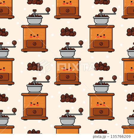 Cute coffee grinder characters with beans repeating pattern Cute coffee grinder characters with beans repeating pattern 135766209