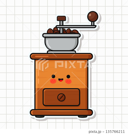 Cute kawaii coffee grinder character enjoying fresh beans 135766211