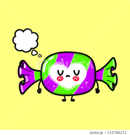 Cute candy character thinking with heart and thought bubble Cute candy character thinking with heart and thought bubble 135766251