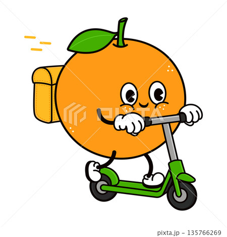 Orange fruit character mascot delivering food on a scooter Orange fruit character mascot delivering food on a scooter 135766269