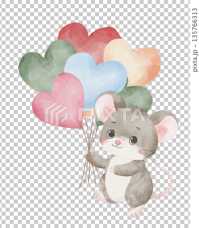 Watercolor illustration of a cheerful mouse holding a bunch of heart-shaped balloons. Isolated on a white background, hand-drawn. For children's content and festive room decorations, birthday parties Watercolor illustration of a cheerful mouse holding a bunch of heart-shaped balloons. Isolated on a white background, hand-drawn. For children's content and festive room decorations, birthday parties 135766313