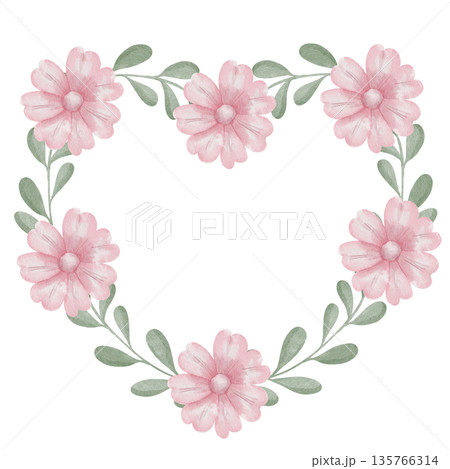 Watercolor wreath of green leaves and pink flowers in the shape of a heart with space for text. White background. Template for wedding invitations, greeting cards, and congratulations Watercolor wreath of green leaves and pink flowers in the shape of a heart with space for text. White background. Template for wedding invitations, greeting cards, and congratulations 135766314