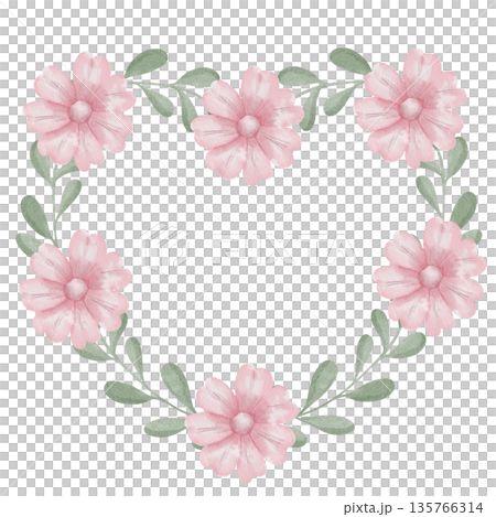 Watercolor wreath of green leaves and pink flowers in the shape of a heart with space for text. White background. Template for wedding invitations, greeting cards, and congratulations Watercolor wreath of green leaves and pink flowers in the shape of a heart with space for text. White background. Template for wedding invitations, greeting cards, and congratulations 135766314