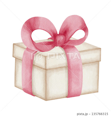 Watercolor illustration of a cream-colored gift box decorated with a soft pink ribbon bow. Isolated on a white background, it is ideal for festive packaging or gift wrapping Watercolor illustration of a cream-colored gift box decorated with a soft pink ribbon bow. Isolated on a white background, it is ideal for festive packaging or gift wrapping 135766315
