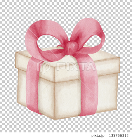 Watercolor illustration of a cream-colored gift box decorated with a soft pink ribbon bow. Isolated on a white background, it is ideal for festive packaging or gift wrapping Watercolor illustration of a cream-colored gift box decorated with a soft pink ribbon bow. Isolated on a white background, it is ideal for festive packaging or gift wrapping 135766315