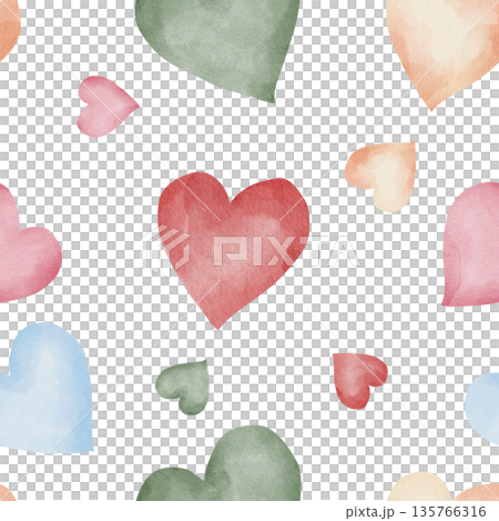 Seamless pattern of multicolored watercolor hearts. Pink, green, blue. White background. Perfect for romantic wallpaper, textiles, and wrapping paper Seamless pattern of multicolored watercolor hearts. Pink, green, blue. White background. Perfect for romantic wallpaper, textiles, and wrapping paper 135766316