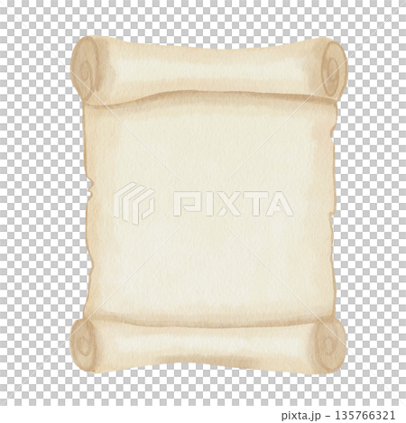 Empty scroll made of aged parchment with curled edges, with space for text in the center. Watercolor illustration, isolated on white background, hand-drawn. For letters, historical, medieval designs 135766321