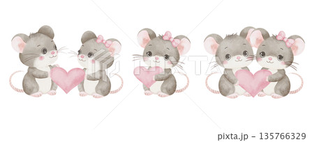 Set of watercolor illustrations of mice in love holding pink heart. Hand-drawn, isolated on white background. For stickers, postcards, scrapbooking, invitations, children's decor, valentines Set of watercolor illustrations of mice in love holding pink heart. Hand-drawn, isolated on white background. For stickers, postcards, scrapbooking, invitations, children's decor, valentines 135766329