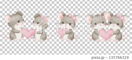 Set of watercolor illustrations of mice in love holding pink heart. Hand-drawn, isolated on white background. For stickers, postcards, scrapbooking, invitations, children's decor, valentines Set of watercolor illustrations of mice in love holding pink heart. Hand-drawn, isolated on white background. For stickers, postcards, scrapbooking, invitations, children's decor, valentines 135766329