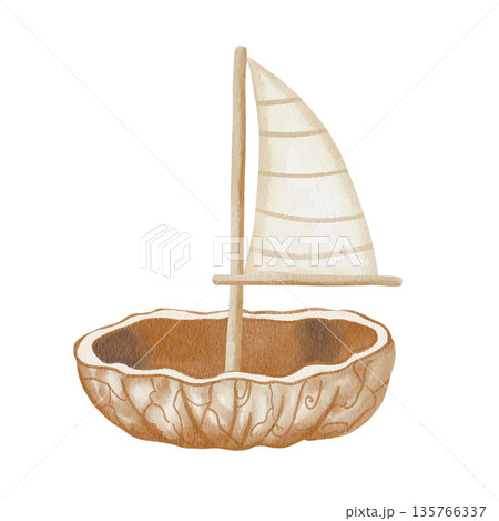 Whimsical watercolor illustration of sailboat made from walnut shell, with simple wooden mast and striped sail, isolated on white background, children's style illustration, hand-drawn 135766337