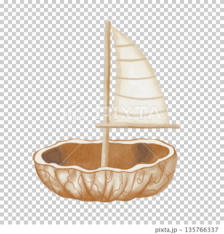 Whimsical watercolor illustration of sailboat made from walnut shell, with simple wooden mast and striped sail, isolated on white background, children's style illustration, hand-drawn 135766337