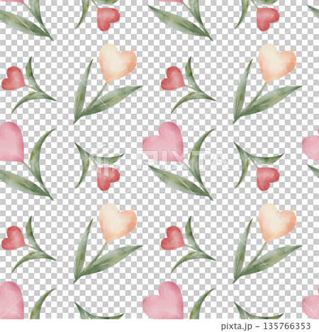 Seamless watercolor pattern with pastel hearts in the shape of flowers with green leaves, white background. Romantic design, for Valentine's Day, spring themes, holidays, weddings, and textile design Seamless watercolor pattern with pastel hearts in the shape of flowers with green leaves, white background. Romantic design, for Valentine's Day, spring themes, holidays, weddings, and textile design 135766353