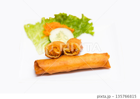 Crispy Fried Spring Rolls on White Background Crispy Fried Spring Rolls on White Background 135766815