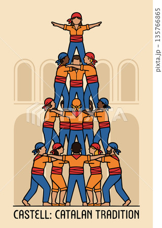 Castell, tower of people traditionally erected during festival in Catalonia. Vector illustration Castell, tower of people traditionally erected during festival in Catalonia. Vector illustration 135766865