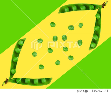 Green peas, in open pods and separately green peas on a yellow background, space for the text on a green background Green peas, in open pods and separately green peas on a yellow background, space for the text on a green background 135767081