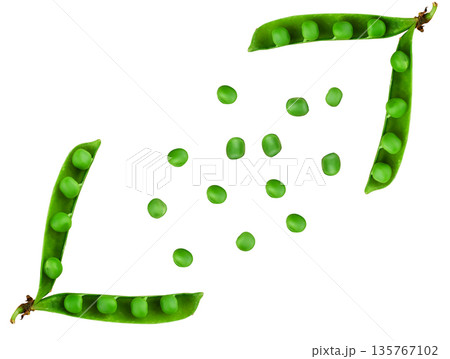 Green peas, in opened pods and separately green peas on a white background in isolation 135767102