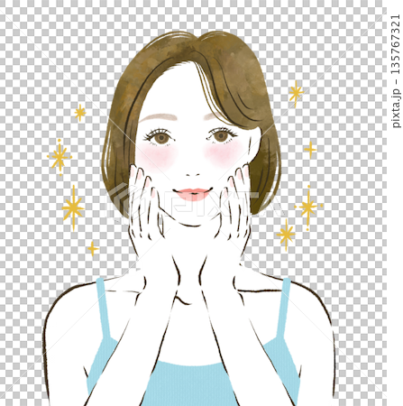 A woman touching her face with both hands and happy about the results of her skin care 135767321