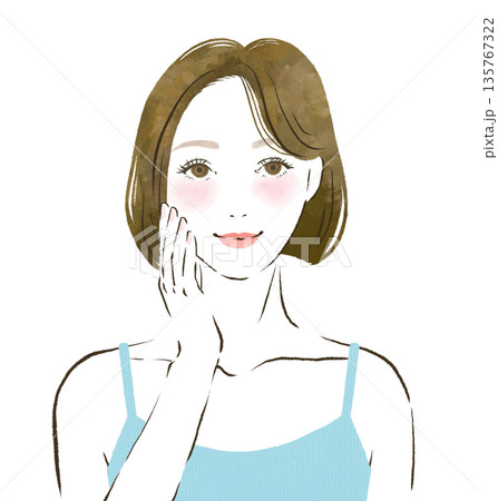 頬に手を当てて笑顔になる女性　美容イラスト 135767322