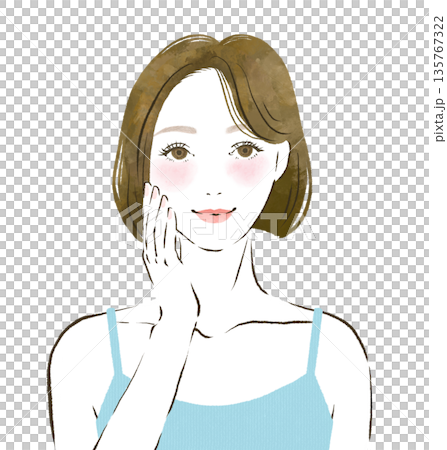 頬に手を当てて笑顔になる女性　美容イラスト 135767322