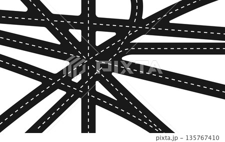 a black and white illustration of a road with many different roads 135767410