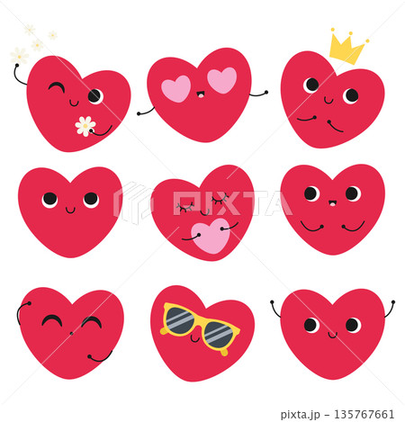 Collection of hearts with different emotions. Valentine's Day design. Isolated on a white background. Flat style vector illustration Collection of hearts with different emotions. Valentine's Day design. Isolated on a white background. Flat style vector illustration 135767661
