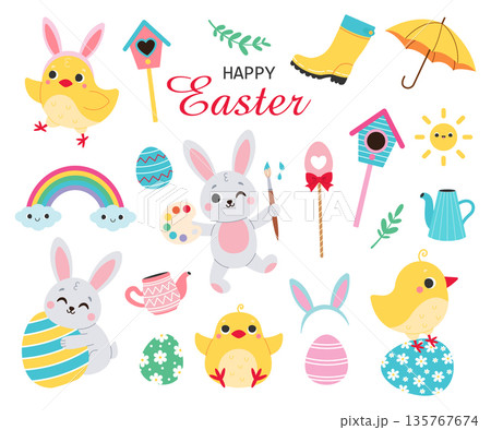 Cute Easter set. Chicks, rabbits and spring elements isolated on a white background. Hand-drawn. Vector illustration. Cute Easter set. Chicks, rabbits and spring elements isolated on a white background. Hand-drawn. Vector illustration. 135767674