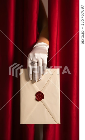 Elegant Hand with White Glove Holding Sealed Envelope Behind Curtain Elegant Hand with White Glove Holding Sealed Envelope Behind Curtain 135767697
