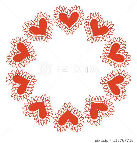 Whimsical vector illustration of a circular frame made of decorative folk style hearts. Cute hand drawn doodle design in red and white, perfect for Valentines Day cards, invitations, posters. 135767719