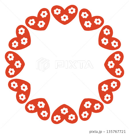 Whimsical vector illustration of a circular frame made of decorative folk style hearts. Cute hand drawn doodle design in red and white, perfect for Valentines Day cards, invitations, posters. 135767721