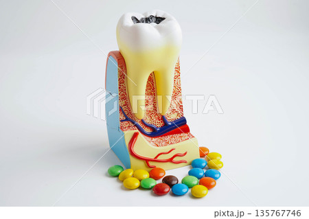 Tooth decay with sweet sugar candy, bad food for dental health care. 135767746