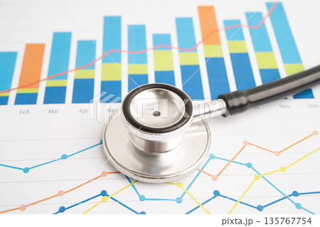 Stethoscope on chart or graph paper, Financial, account, statistics and business data medical health. Stethoscope on chart or graph paper, Financial, account, statistics and business data medical health. 135767754