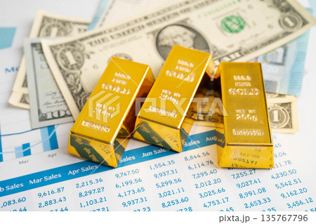 Gold bars with US dollar and Euro banknote money, finance trading investment business currency. 135767796