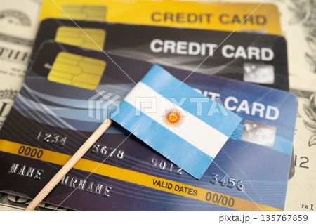 Argentina flag on credit card, finance economy trading shopping online business. 135767859