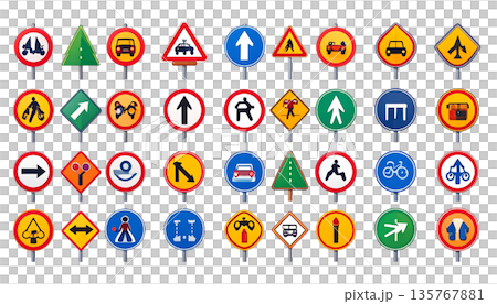 一套道路標誌圖標，代表交通安全和規則 135767881