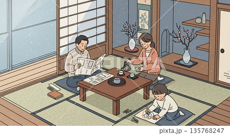 家族団欒の穏やかな和室風景 家族団欒の穏やかな和室風景 135768247
