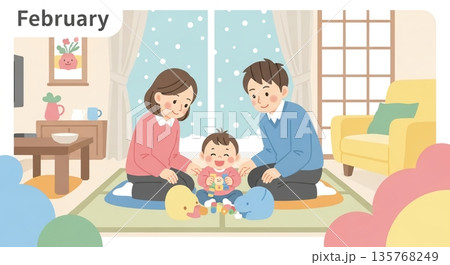 2月、雪の日に育む家族の笑顔 135768249
