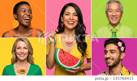カラフルポップな果物と人間をイメージした広告風写真 カラフルポップな果物と人間をイメージした広告風写真 135768415