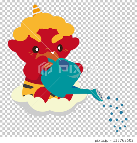 Illustration of a red demon riding on a cloud and bringing rain with a watering can Illustration of a red demon riding on a cloud and bringing rain with a watering can 135768502