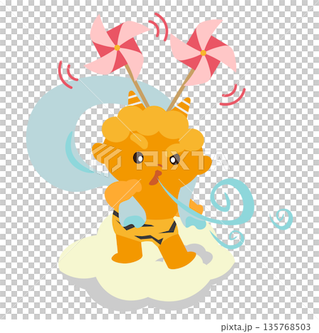 雲に乗り、風神になりきる黄鬼のイラスト 雲に乗り、風神になりきる黄鬼のイラスト 135768503