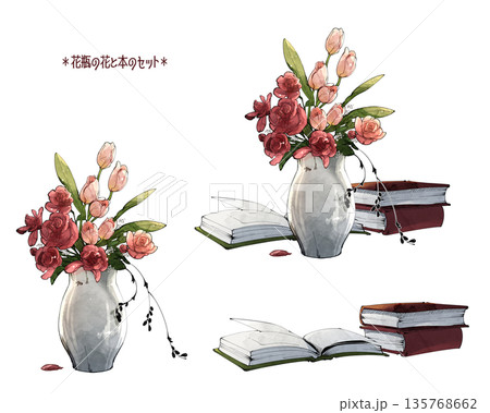 水彩風花瓶の花と本のセット 135768662
