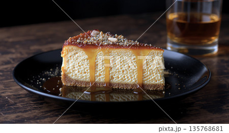 黒胡椒とスモークナッツのベイクドチーズケーキ、メープルシロップ添え。お酒に合う大人の贅沢スイーツ。 135768681