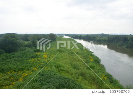 JR北海道函館本線の岩見沢駅から江別駅までの普通列車車窓風景(2023年夏曇り空) 135768706