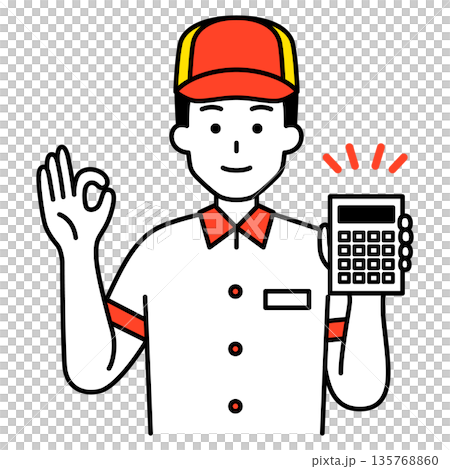 A male fast food restaurant employee shows a calculator and gives an OK sign A male fast food restaurant employee shows a calculator and gives an OK sign 135768860