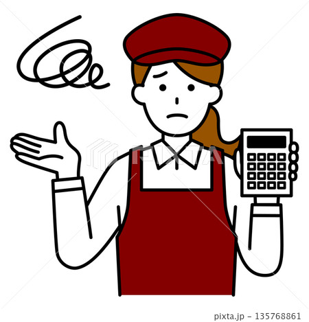 電卓を持って不満そうにするカフェの女性店員 電卓を持って不満そうにするカフェの女性店員 135768861