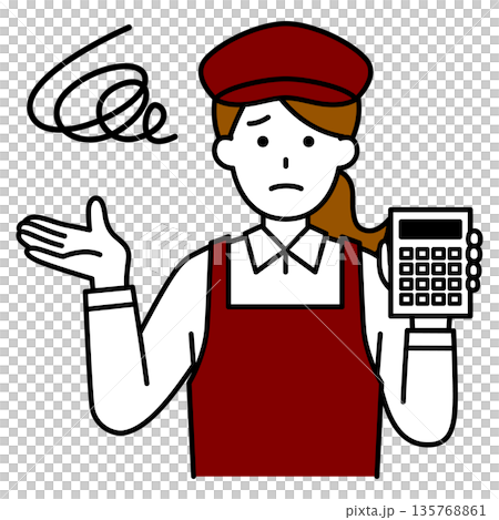 一位不滿的女咖啡館員工拿著計算器 135768861