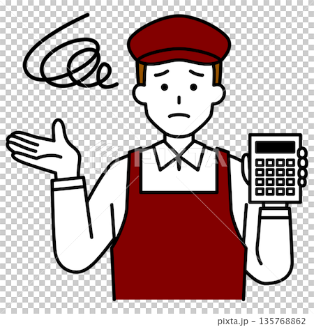 一位不滿的男咖啡館員工拿著計算器 135768862